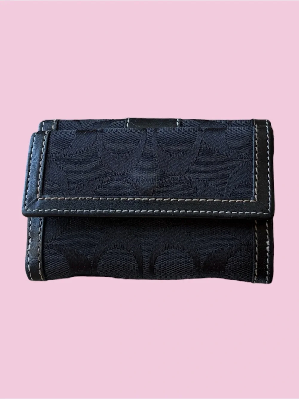 COACH Black Signature Trifold Wallet with Contrast Stitching